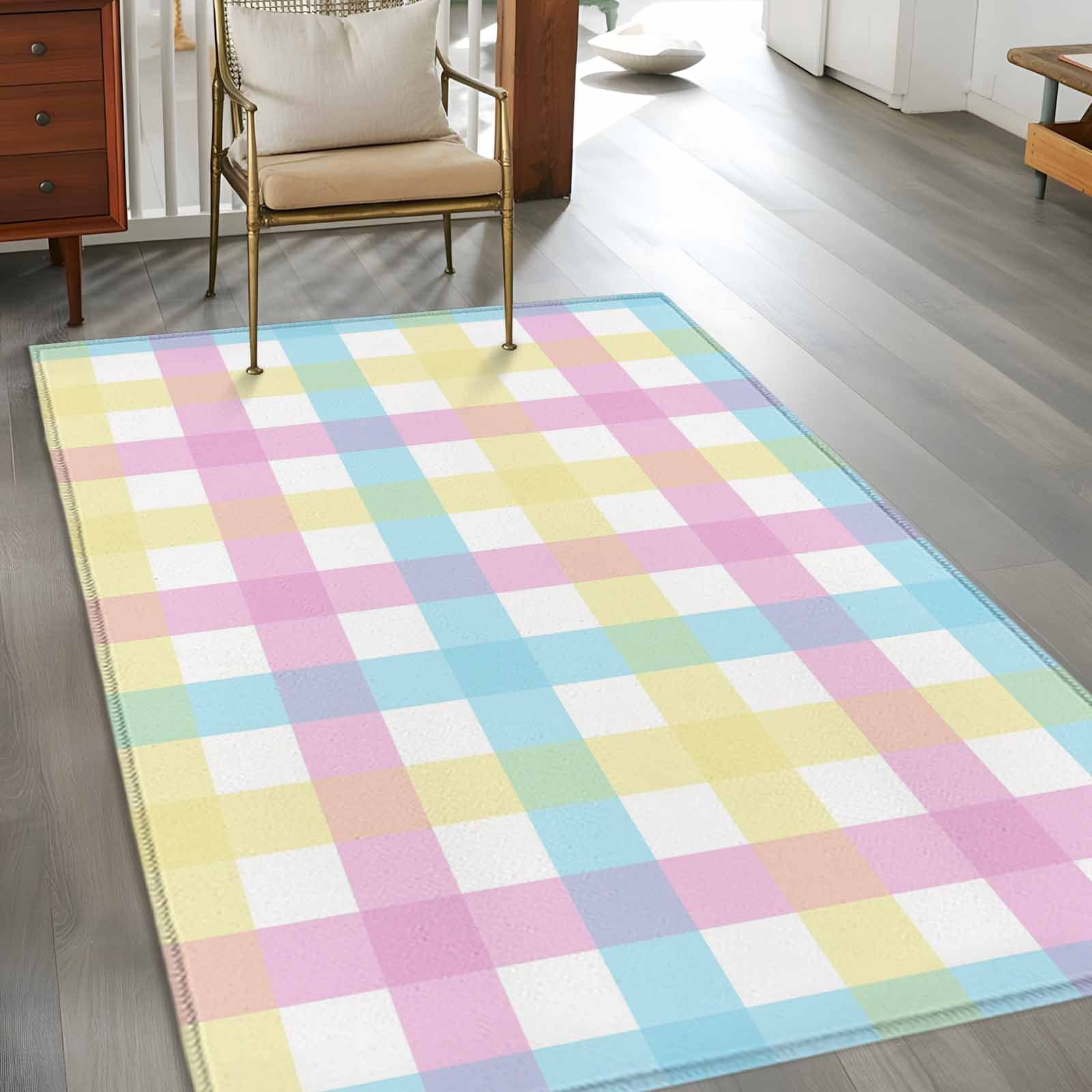 Easter Plaid Area Rugs 3'x5', Washable Small Throw Rugs for Living Room Bedroom, Spring Buffalo Plaid Simple Colorful Indoor Outdoor Rug Non-Slip Low Pile Carpet Runner Reversible Floor Mats