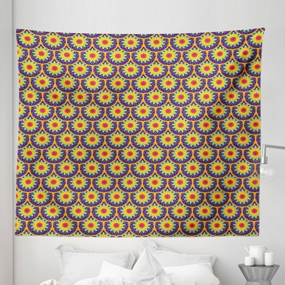 Ethnic Tapestry, Bohemian Style Sun Mandalas in Flower Petals Mosaic Look Colorful Folkloric, Fabric Wall Hanging Decor for Bedroom Living Room Dorm, 5 Sizes, Marigold Multicolor, by Ambesonne