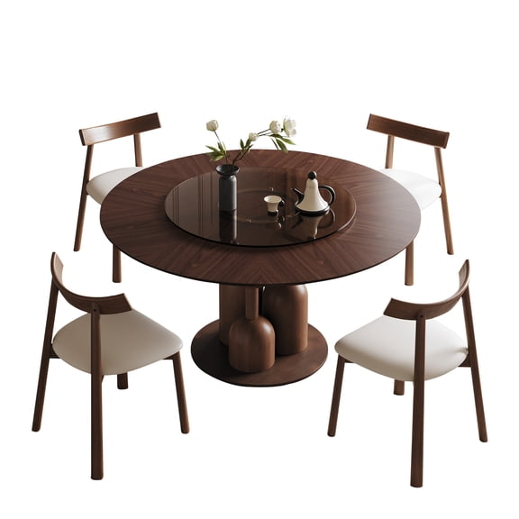 6-Piece Dining Set 59-inch Wabi-Sabi Oak Round Dining Table Set with 4 Solid Wood Chairs & Floating Glass Lazy Susan