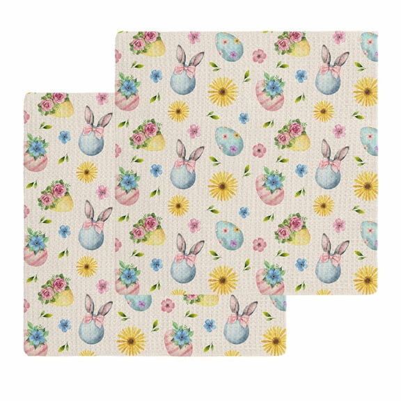 Easter Kitchen Dish Towels for Drying Dishes Set of 2, Spring Watercolor Bunny Eggs Flowers Beige Waffle Weave Microfiber Hand Tea Bathroom Towels Quick Dry & Absorbent Towel 12x12