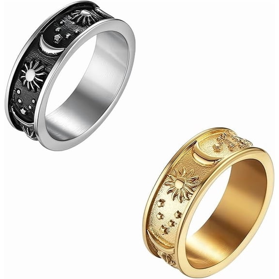 2 Pcs 2 Colors Moon Star Sun Statement Ring 17.5mm Stainless Steel Boho Jewelry Dainty Chunky Stackable Rings for DIY Women Men Crafting Jewelry Making