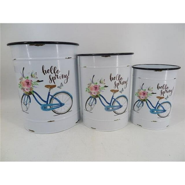 Jardinières Blanches avec Vélo Bleu & Fleurs Hello Spring, Ensemble de 3