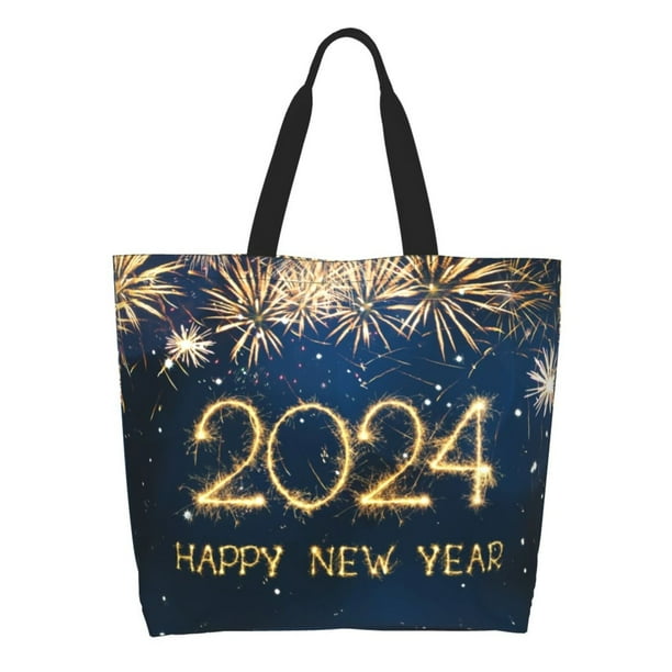 Balery Happy New Year 2024 (3) Bolsa Tote Estilo Estético con Cremalleras, Bolsa de Hombro, Bolsa de Compras Grande y Plegable