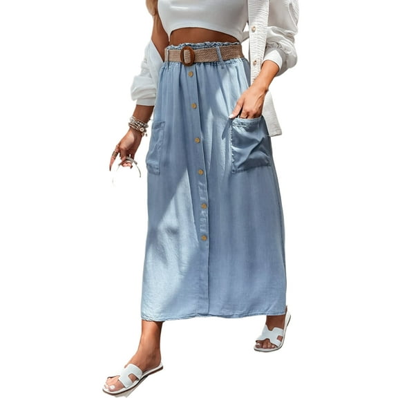 Women's Beau Blue High Waist Denim Maxi Skirt with Button Front and Side Pockets | [ZhiHiMeRi] | (US 12-14)L
