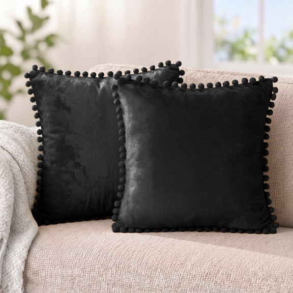 PAVILIA Black Decorative Throw Pillow Covers with Pom Pom 18x18 Set of 2