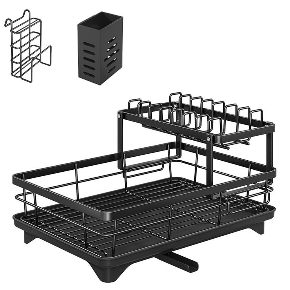 XMZHOU Dish Drying Racks for Kitchen Counter Carbon Steel Space-Saving 2 Tiers Bowl and Plate Storage Rack Kitchenware Countertop Organizer, Black