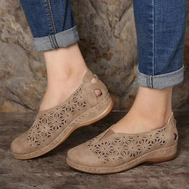 EIMELI Simili Cuir Élastique Confortable Glissement sur les Femmes Creux Bout Rond Talon Plat Chaussures Plates Plate-Forme Anti-Dérapant