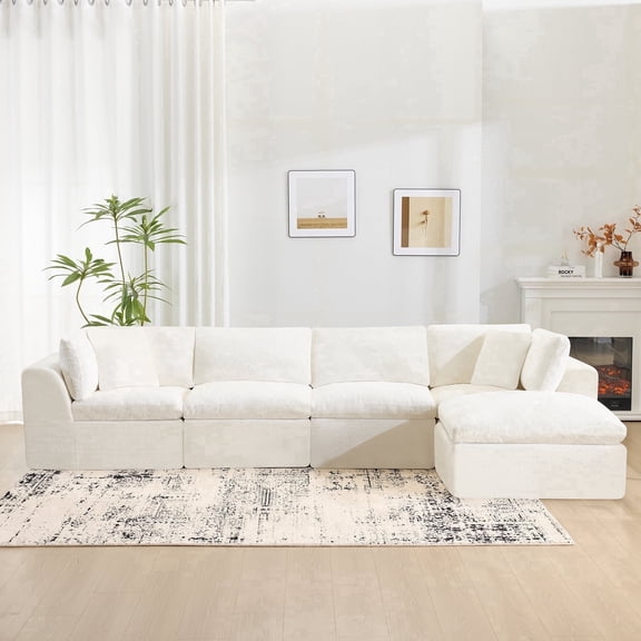 138'' Chenille Sectional Sofa with Movable Ottoman, Modern Boneless Cloud Couch with Deep Seat, 4-Seater L-Shaped Modular Sofa for Living Room, No Assembly Required, Beige
