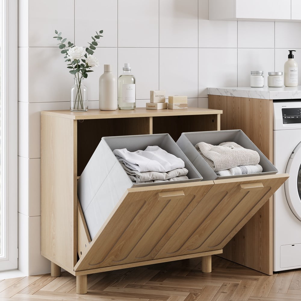 Laundry Hamper Cabinet with 2 Removable Baskets, Tilt-Out Laundry Storage Cabinet, Freestanding Clothes Sorter for Bathroom, Laundry Room, Oak