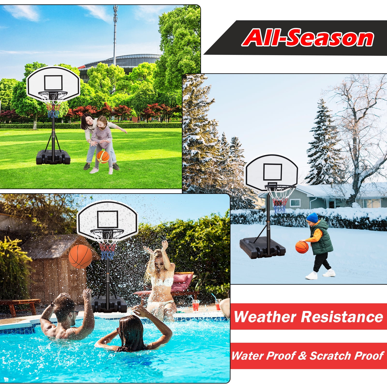 HooKung Portable Pool Side Basketball Hoops Height Adjustable 3.1ft-4.7ft Basketball System 35'' Backboard with Wheels for children Teenagers Youth Adults