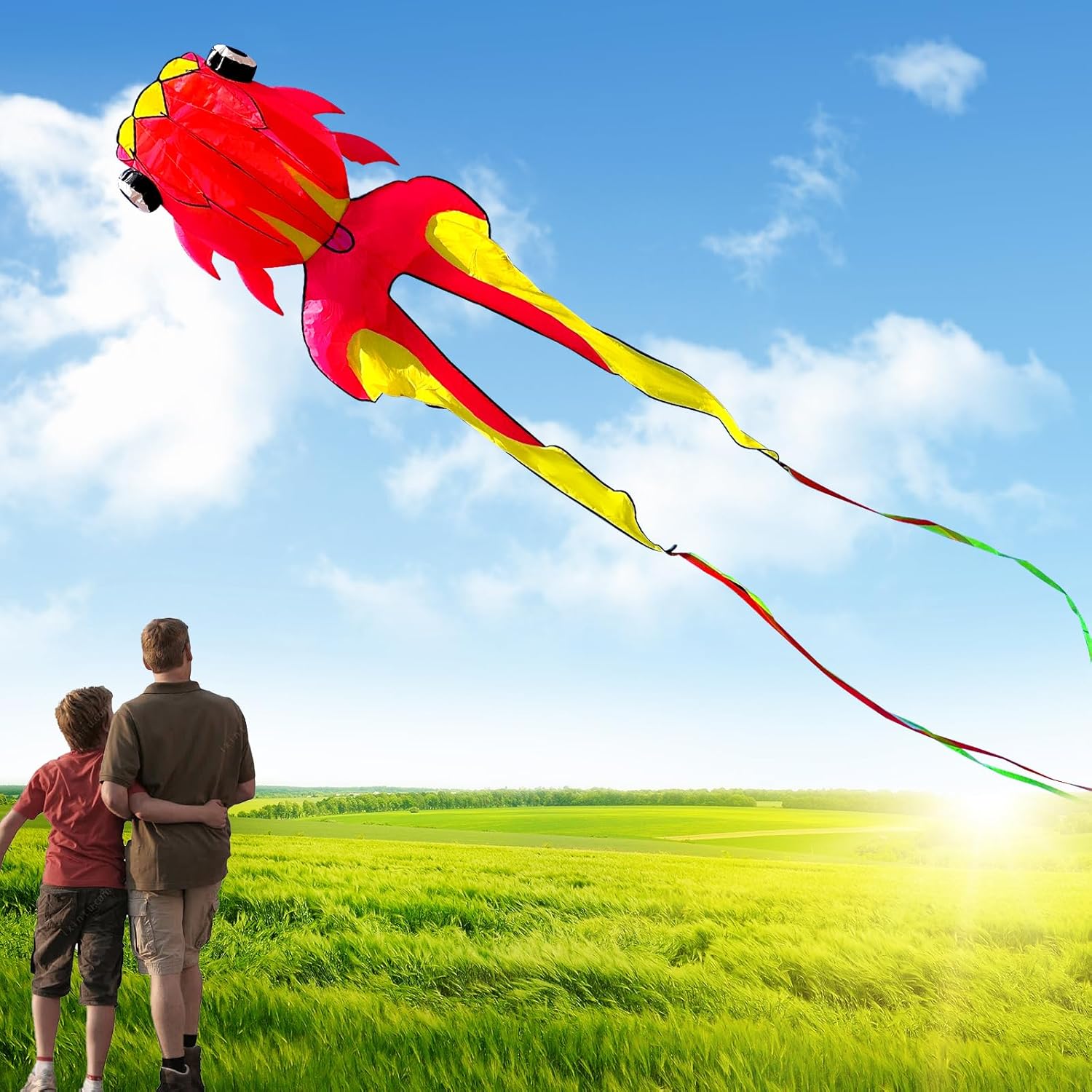 Large 43ft 3D Goldfish Frameless Soft Umbrella Kite for Adults, Easy to Fly with 330ft String for Beach and Park, Ages 12+