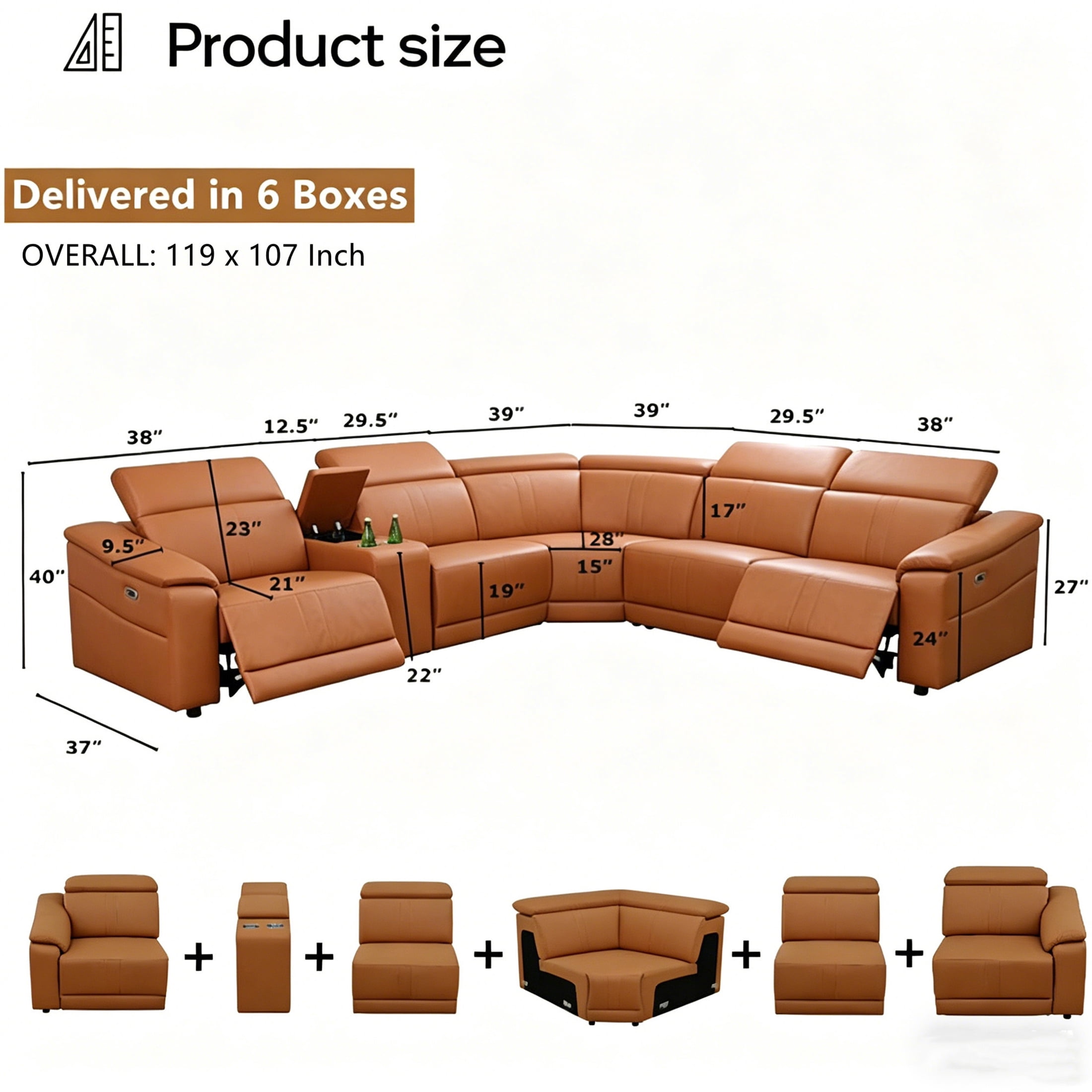 Aukfa 6-Piece Power Recliner Sofa Set Sectional Couch with Cup Holders& USB Port Storage Console, Breathing Leather, Light Brown