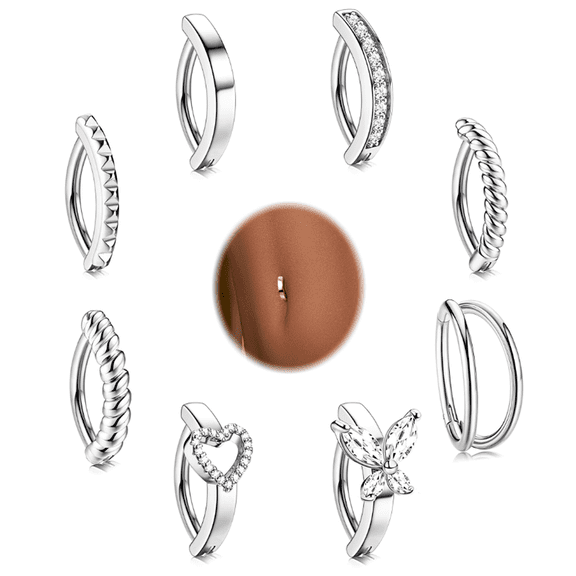 8Pcs Belly Button Ring Steel Clicker Belly Rings for Women CZ Heart Butterfly Belly Button Piercing Navel Barbell Rings Body Piercing Jewelry