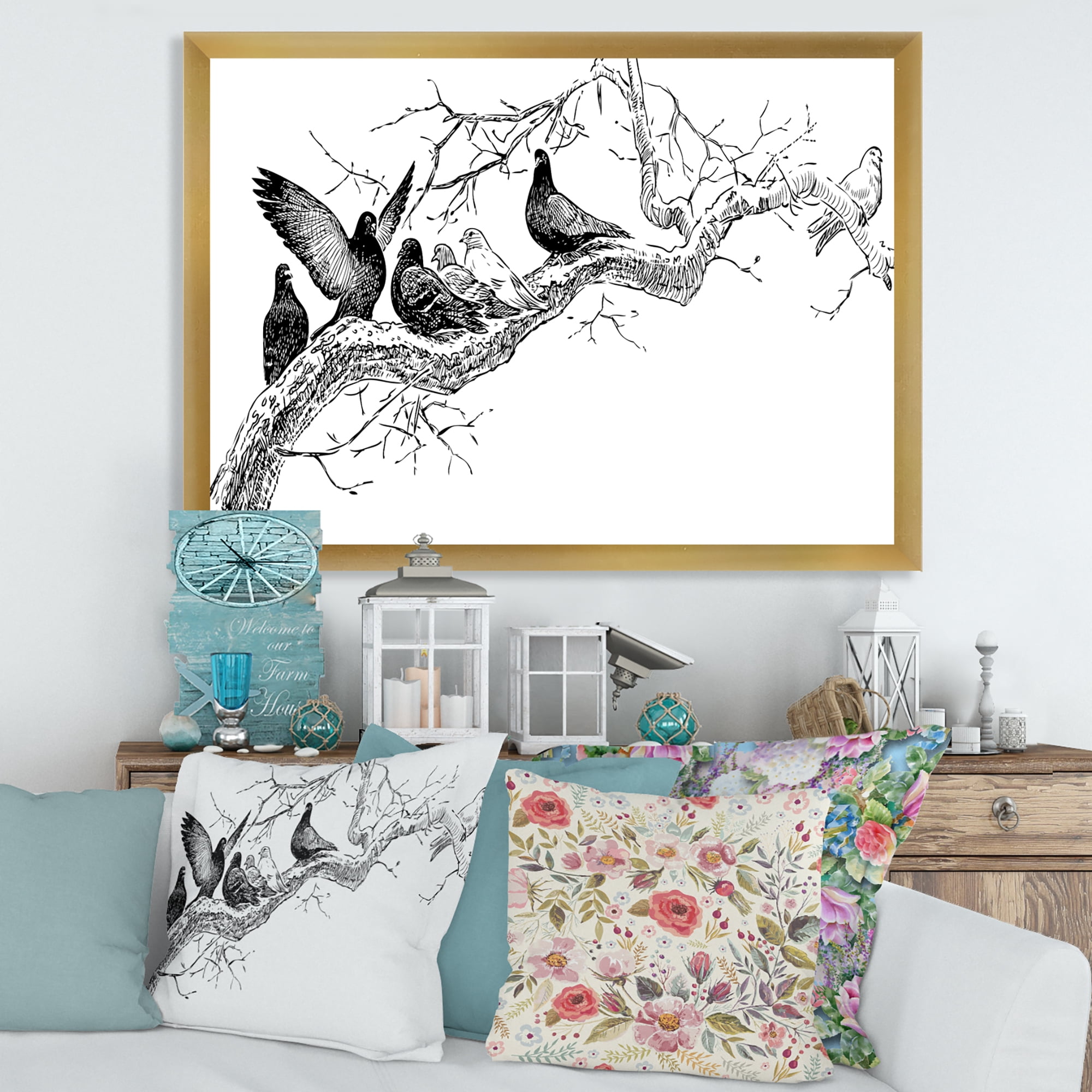 Designart 'Pigeons Sitting On The Tree Branch' Traditional Framed Art Print