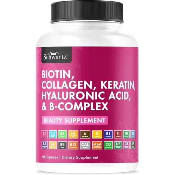 BioSchwartz Biotin, Collagen, and Keratin Capsules, Skin and Hair Vitamins Beauty Supplement, 60 Count