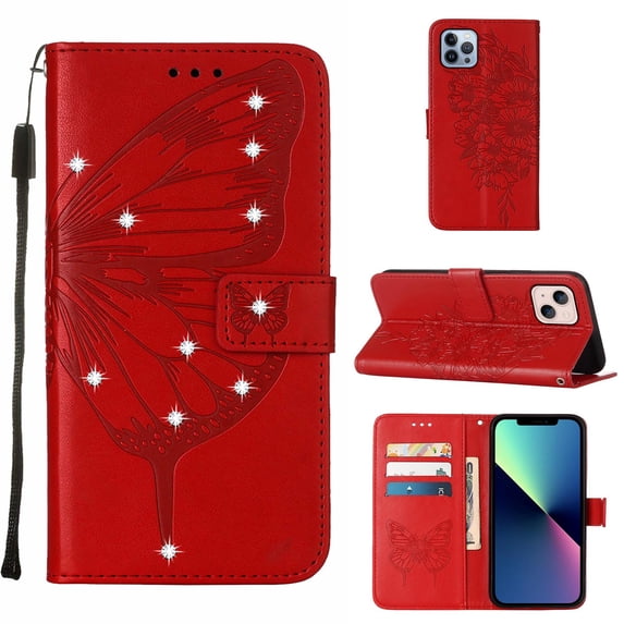 TECH CIRCLE for iPhone 14 Plus Case Butterfly Pattern Leather Wallet Case Cute Women Diamond Bling Cover with Card Slot Wrist Strap Kickstand Folio Flip Protective Case, Red