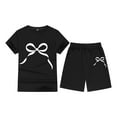 thumbnail image 3 of JAJAHO Girls 2 Piece Outfits Short Sleeve Bow Print T Shirt And Shorts Summer Clothing Set For Kids 2-13 Years Stylish Outfit, 3 of 3