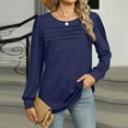 thumbnail image 4 of ATOYSOY Long Sleeve Tees Loose Shirts for Women Outwear Fall Trendy Round Neck Pleated Pullovers Casual Cotton Linen Solid Color Tops Dressy Tunic Blue L, 4 of 8