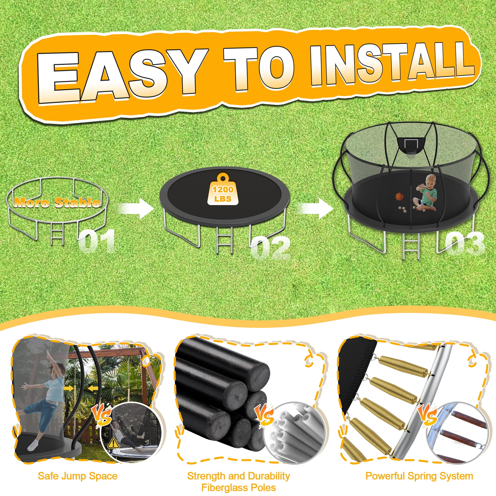 XMIKA 12FT Trampoline with Basketball Hoop, Outdoor Trampoline with Enclosure Net, Ladder, Heavy-duty Recreational Trampoline, 1200LBS Capacity Trampoline for Kids and Adults, Upgrade Curved Pole