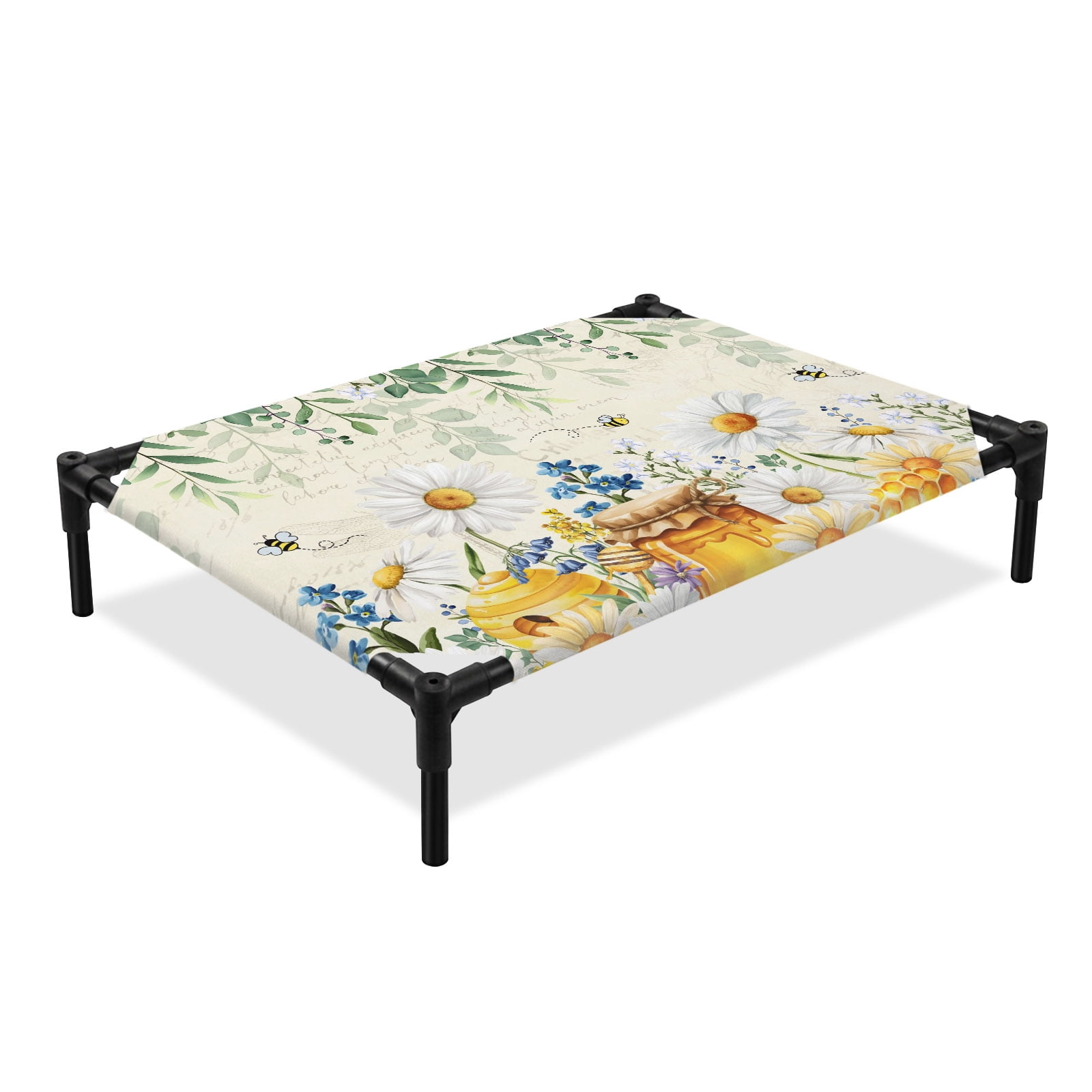 Daisy Honey Elevated Dog Bed Bee Blue Flower Green Eucalyptus Leaves Vintage Cooling Breathable Outdoor Raised Dog Cot Bed with Metal Frame Non-Slip Feet for Large Dog 28x22in