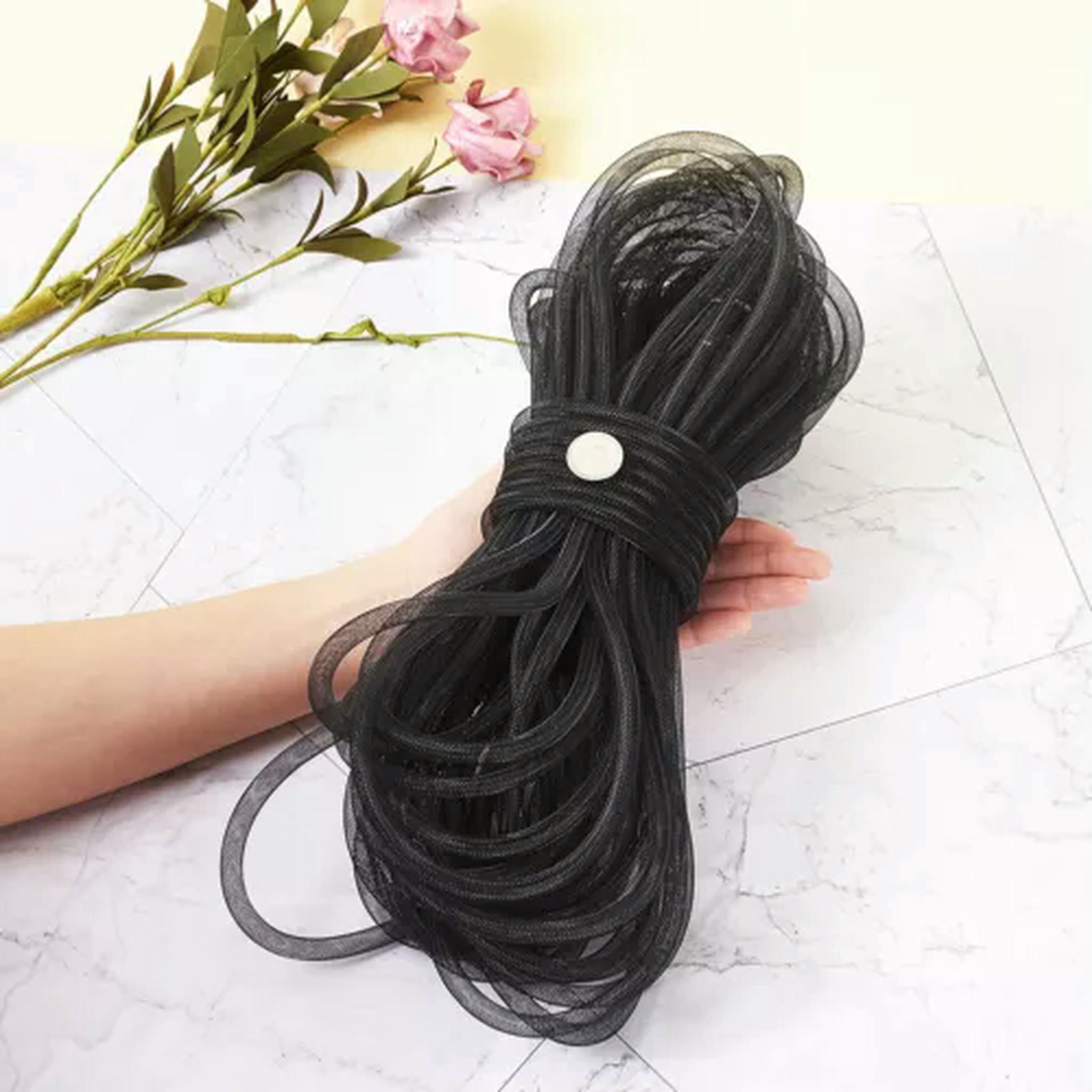 U8MO Black Mesh Tubing Cords Flexible Tube Party Ribbon Net Threads Wreath 4~20mm DIA-10mm, 150yards