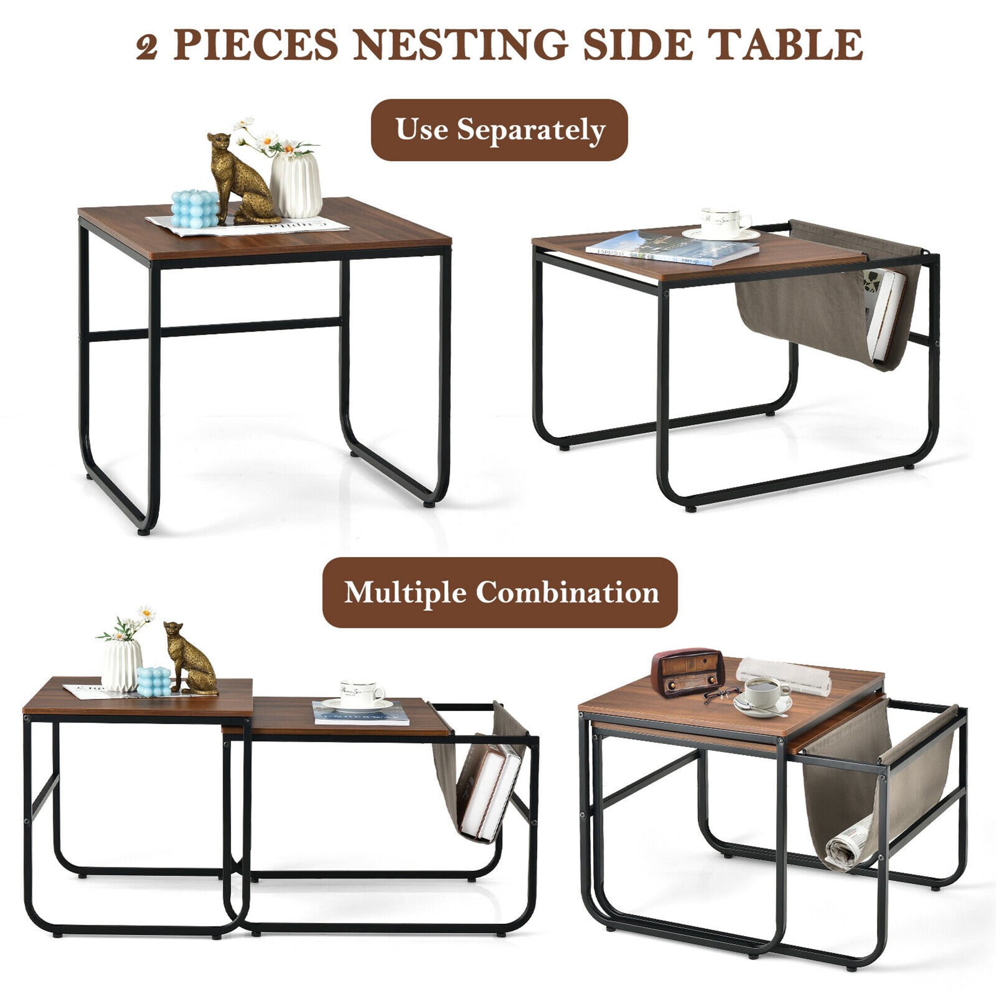 Gymax Set of 2 Nesting Coffee Table Industrial Stackable Side Table w/ Magazine Holder