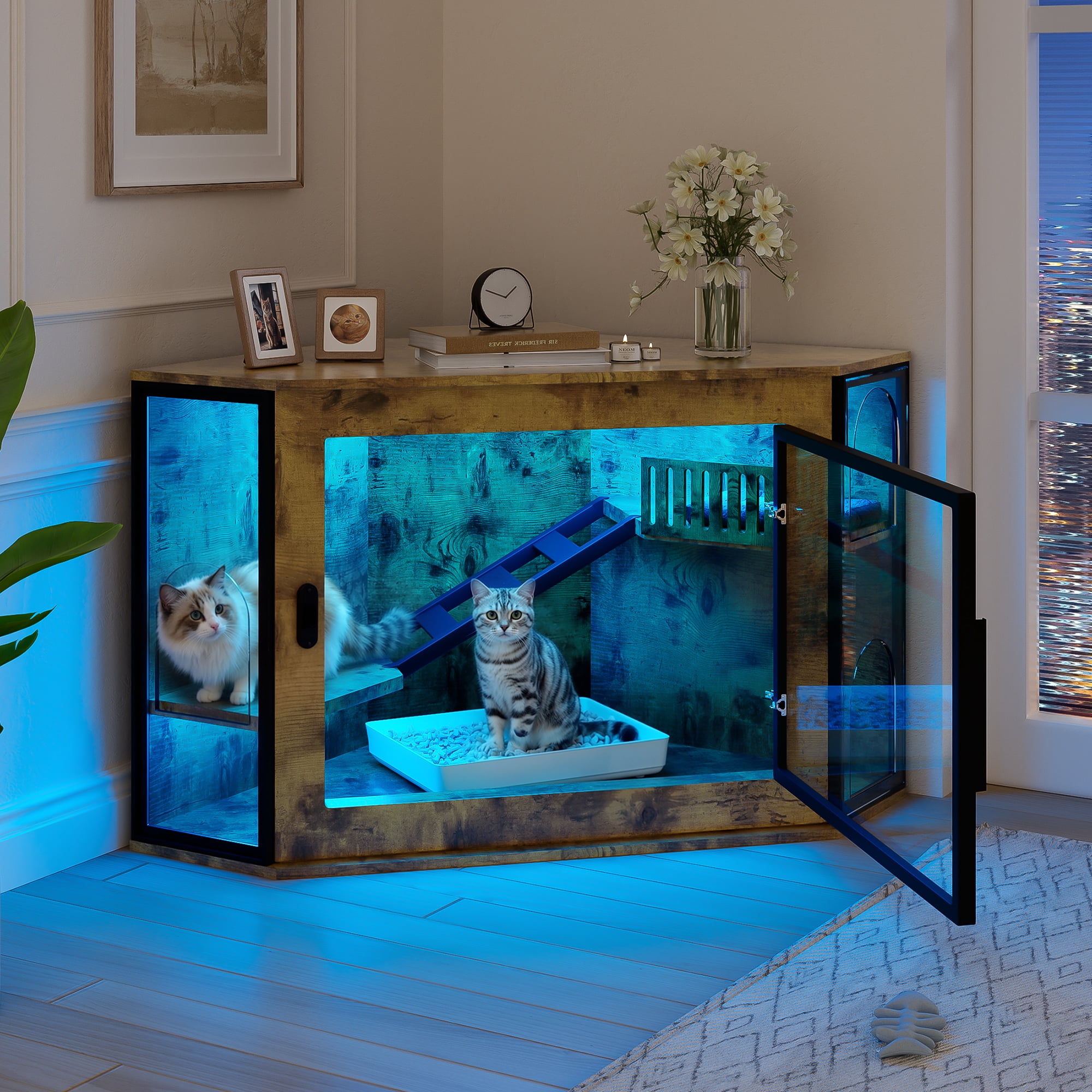 Aukfa Corner Cat Litter Box Furniture with LED Light, Hidden Cat Litter Box Cabinet with Acrylic Door, Storage & Play Area,Brown