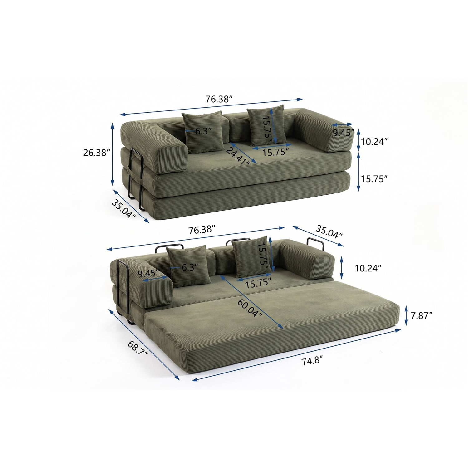 Hommoo Versatile Corduroy Fabric Full Foam Modular Compressed Sofa Couch Bed Sleeper with Multiple Layout Options, Green