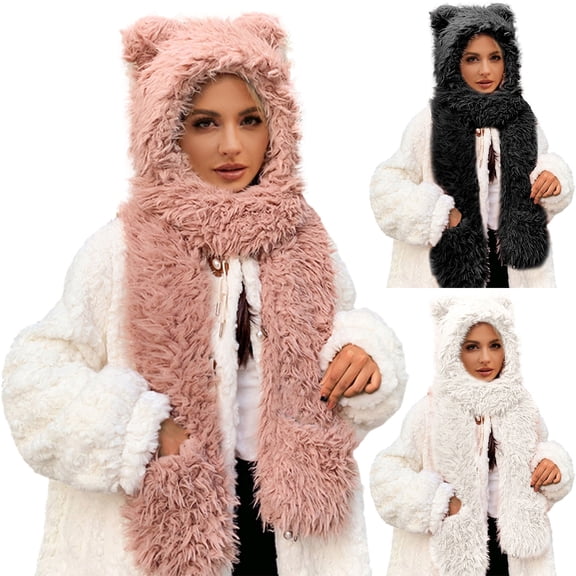 FCLoft Women's Winter Faux Flannel Hooded Scarf - 2 In 1 White Hat With Ears