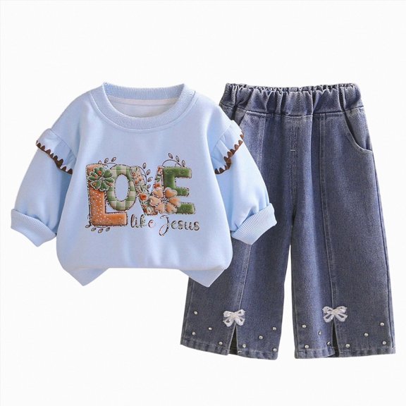 enyan Toddler Baby Girl Clothes 6M 12M 18M 24M 3T 4T Fall Winter Outfits Gifts Sweatshirts Long Jeans Pants 2-Piece Set Blue,2-3 Years