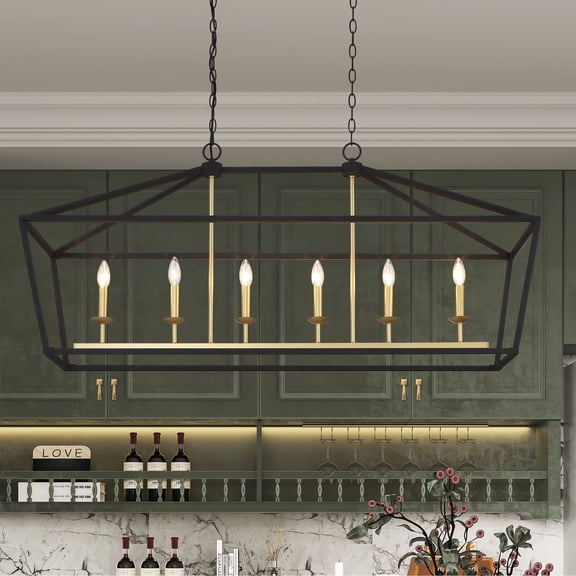 ACROMA 6-Light Black/ Gold Kitchen Island Rectangle Linear Chandelier Aged Zinc/Satin Brass