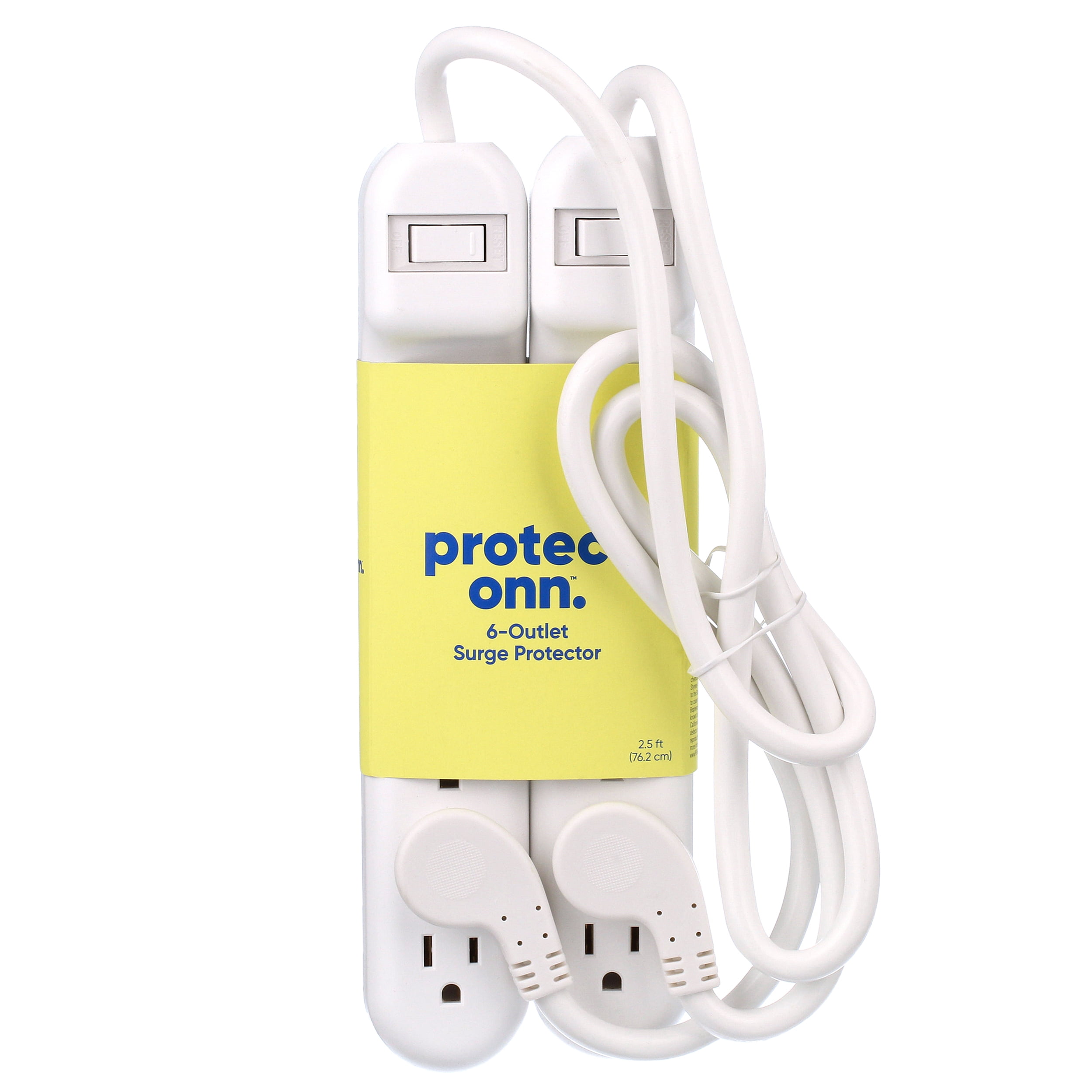 onn.  2.5ft 6 AC Outlets Surge Protector 2pk-White