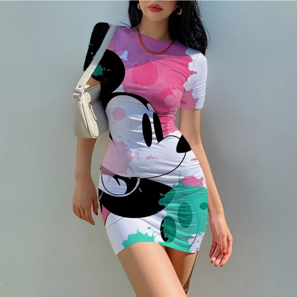 2022 Disney Minnie Mickey Mouse cartoon print Dress Summer Little Sexy Round Neck short sleeve Dress High Waist Tight PartydressXL Gao Jinjia LED