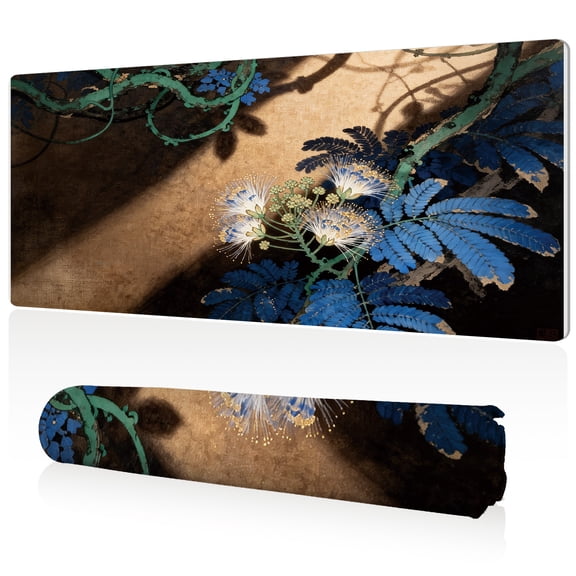 LIVEKEY Extra Large Mouse Pad Blue White Floral Vine Scroll Design 80x40x0.3cm Full Desk Coverage Non Slip Durable Easy to Clean Stitched Edges for Gaming and Office