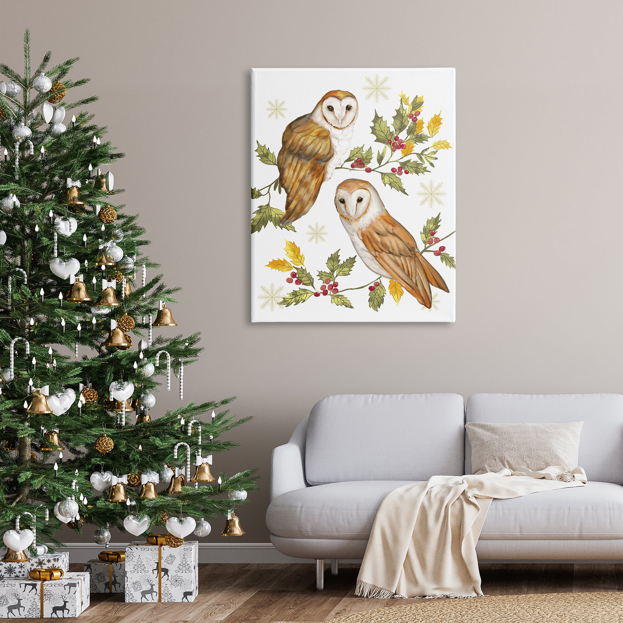 Peaceful Barn Owl Perched Holly Berry Sprigs Animals & Insects Painting Gallery-Wrapped Canvas Print Wall Art