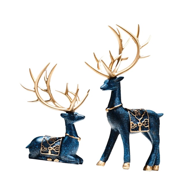 2 piezas Estatua de reno Estatua de animal Figura en miniatura Estatua de ciervo sentado de pie Azul
