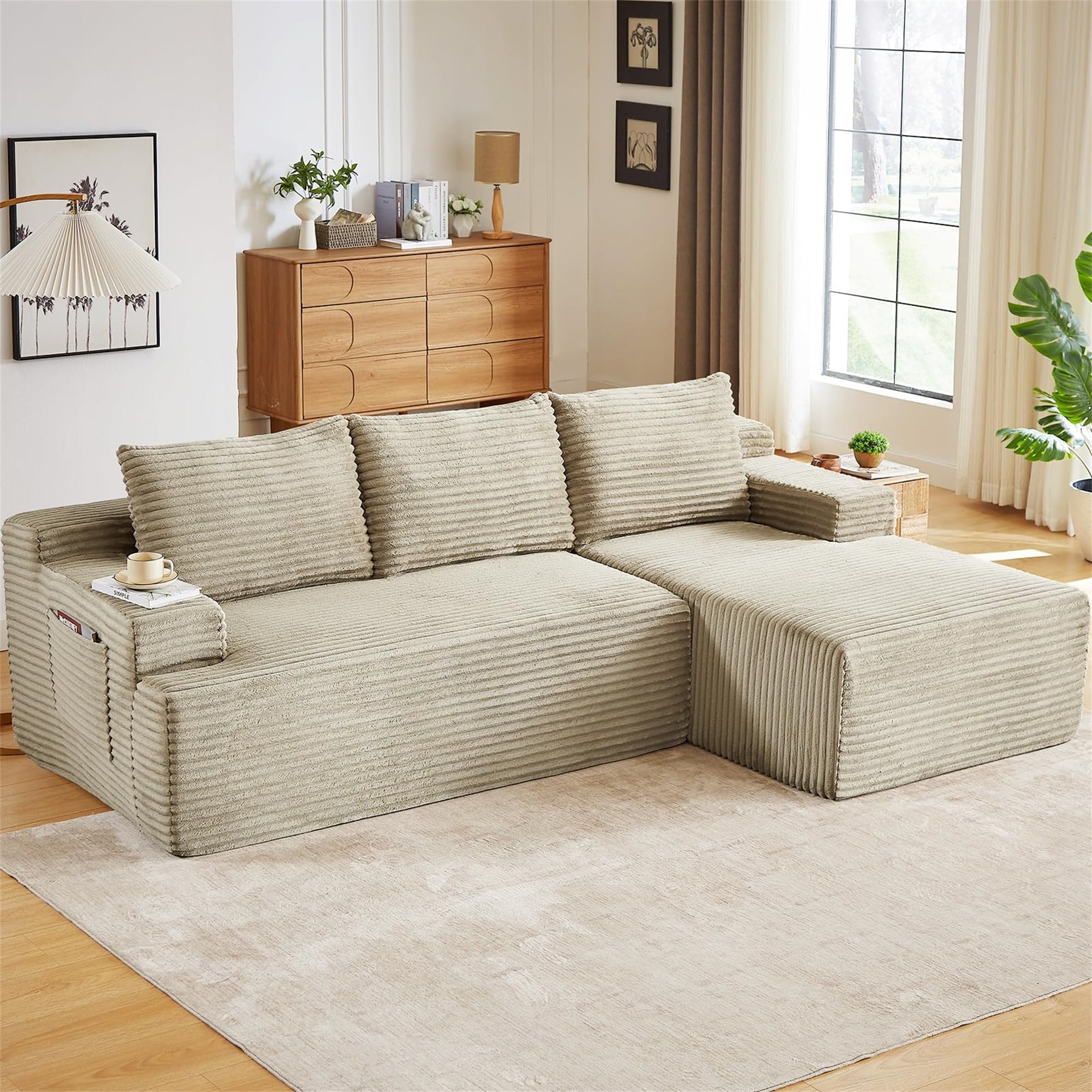 Aukfa 95" Cloud Sectional Sofa Boneless Couch Modular Sofa Bed for Living Room, 2 Side Pockets, Right Chaise, Camel