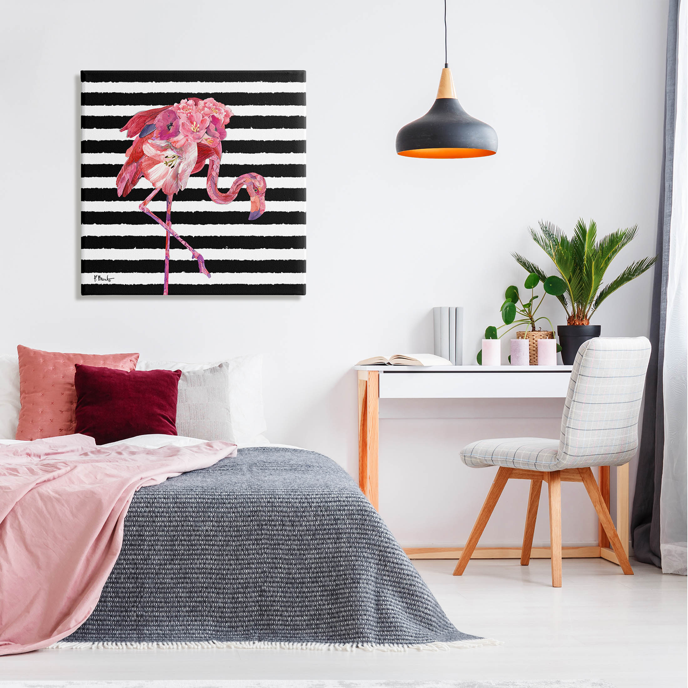 Floral Stripes Flamingo Bird Animals & Insects Graphic Art Gallery Wrapped Canvas Print Wall Art