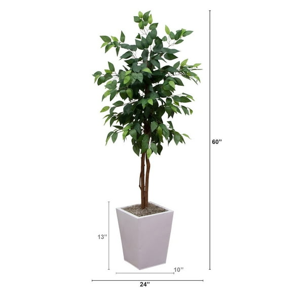 Nearly Natural 5ft. Artificial Ficus Tree in White Metal Square Planter