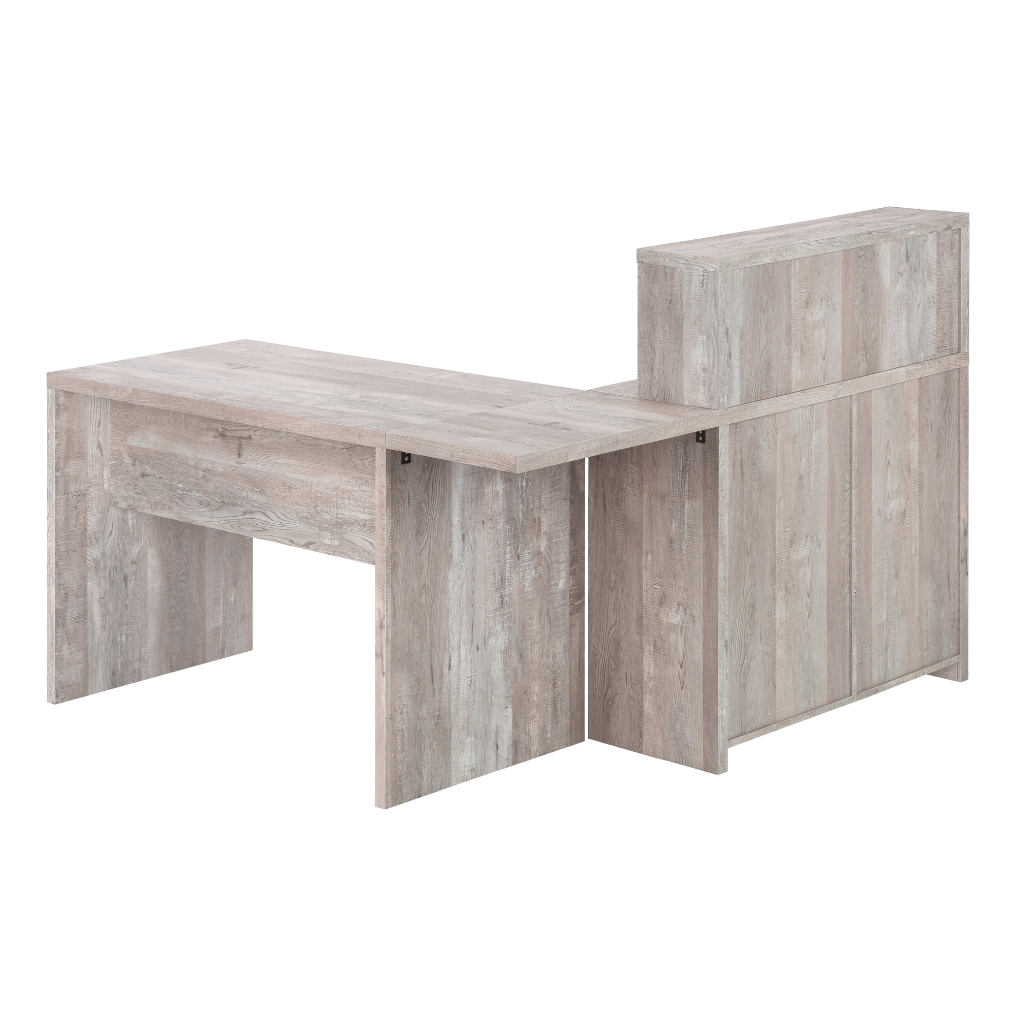 Computer Desk - L-Shaped / Corner / Hutch / 8 Drawers / 3 Cubbies / Reversible - 63"L X 59"W - Taupe Reclaimed Wood-Look