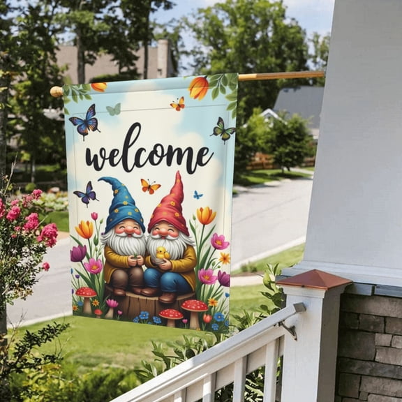 Garden Flag 12X18 Inch Double Sided Two Gnomes Bird Colorful Flower Yard Outdoor Flag House Holiday Outside Decoration