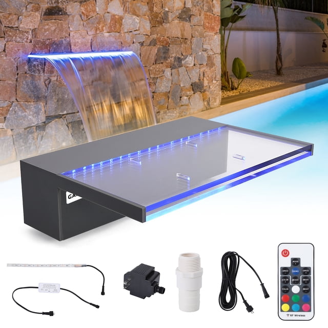Waterfall Pool Fountain, Acrylic 12" Rectangular Waterfall Spillway with Multi-Color LED Light for Garden Outdoor, Swimming Pools, Fountains and Pond