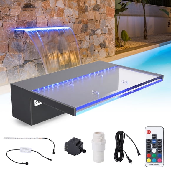 Waterfall Pool Fountain, Acrylic 12" Rectangular Waterfall Spillway with Multi-Color LED Light for Garden Outdoor, Swimming Pools, Fountains and Pond