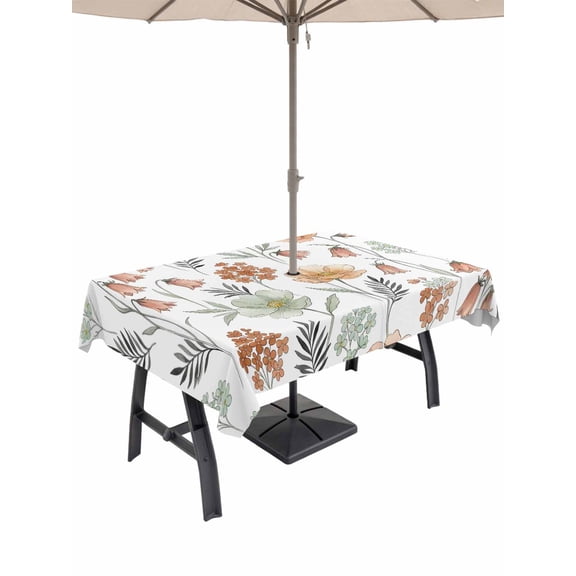 Outdoor Tablecloth with Umbrella Hole for Patio/Picnic/Party/Camping, Spring Flower Blossom Waterproof Table Cloth Rectangle Table Cover Washable, Retro Rustic Floral Leaves Orange Green (54"x 80")