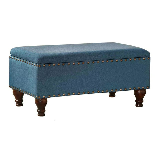 HomePop Banc de Rangement en Lin avec Garniture de Clous et Couvercle à Charnières, Bleu