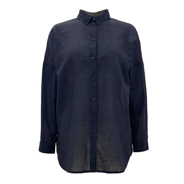 Ropa de Playa Ocean Pacific para Mujer Camisera Manga Larga Oversize con Corte en Costados, Tipo Lino Negro Talla EG