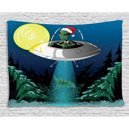 Claus Tapestry - Outer Space Decor Tapestry, Alien with Santa Claus Hat Kidnaps Tree for Christmas Night Airship Print, Wall Hanging for Bedroom Living Room Dorm Decor, 60W X 40L Inches, Green Blue, by Ambesonne