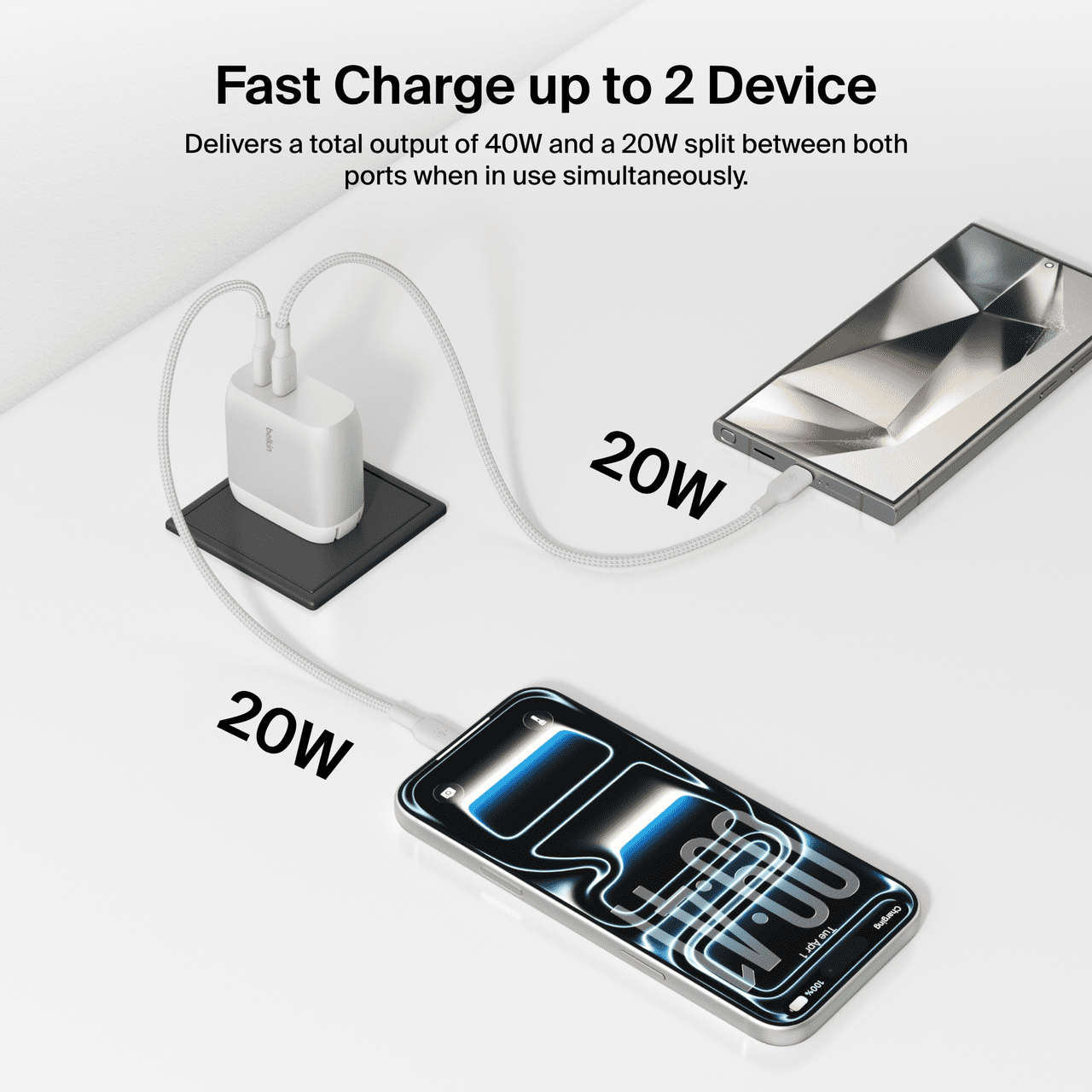 Belkin 40W Dual USB-C Wall Charger with USB-C to USB-C Cable – Fast Charging Adapter for iPhone 15/16, Samsung Galaxy, Google Pixel, iPad, AirPods & More – Silver