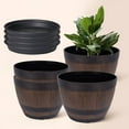 thumbnail image 3 of VECELO 4 Pack 11.3 inch Plant Pots, Whiskey Barrel Planters with Drainage Holes & Saucer, Plastic Imitation Wine Barrel Decoration Flower Pots, for Indoor & Outdoor Garden Home Plants, Brown, 3 of 10