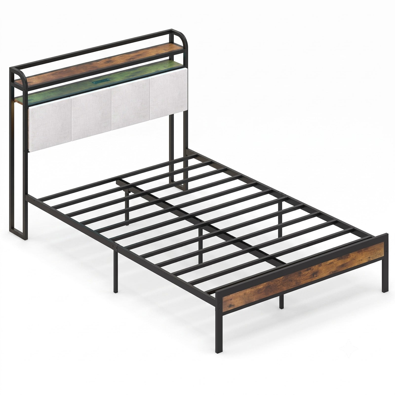 Furnibear Queen Bed Frame, Metal Platform Bed with Storage Headboard, LED Lights and Charging Station, No Box Spring Needed, Rustic Brown and Gray